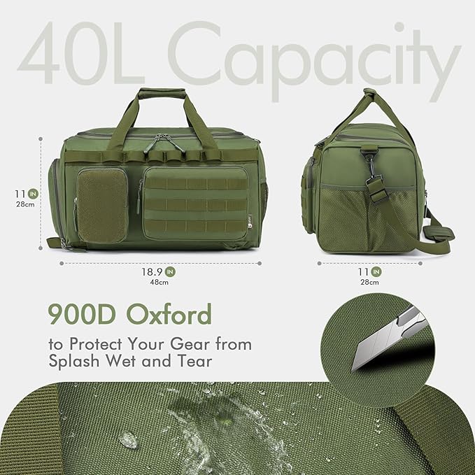 BAGZY Tactical Gym Bags for Men 3 In 1 Travel Duffle Bag 40L with Shoe Compartment Travel Backpack Fitness Weekender Deployment with 1pcs Tactical Toiletry Bag Green