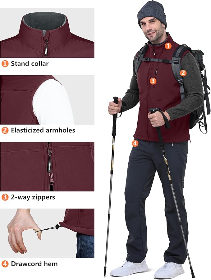 Outdoor Ventures Men's Running Vest Outerwear, Lightweight Windproof Fleece-Lined Softshell Sleeveless Jacket for Golf