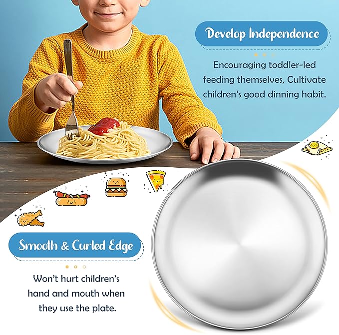 HaWare 6-Piece 18/8 Kids Plates, Stainless Steel 304 Dinner Dishes for Toddlers Children, 10 Inches Feeding Serving Camping Metal Plates, Reusable Dinnerware, Shatterproof & Non-toxic, Dishwasher Safe