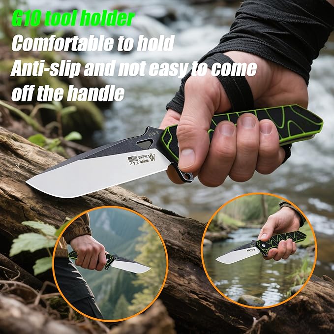 8.4in Folding Knife AUS-8 Steel Blade, G10 Handle with Anti-Slip Texture, Ball Bearing Pivot, Stonewashed Finish, EDC Pocket Knife for Camping, Hiking, Survival (AUS-8 (G10 black/green))