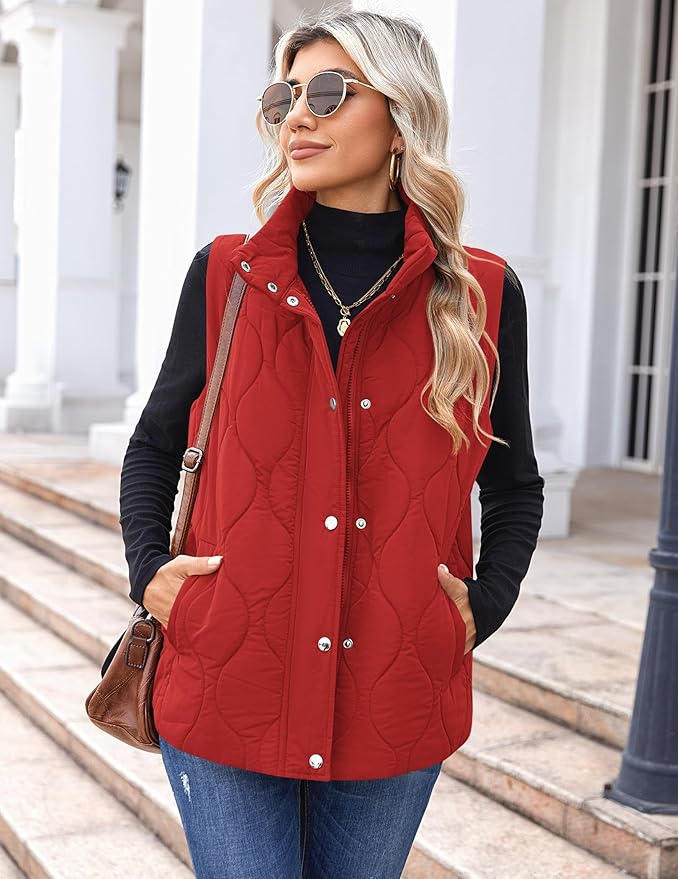 Zeagoo Puffer Vest Women Sleeveless Quilted Jacket Lightweight Snap Zip Up Stand-up Collar Down with Pockets Outerwear