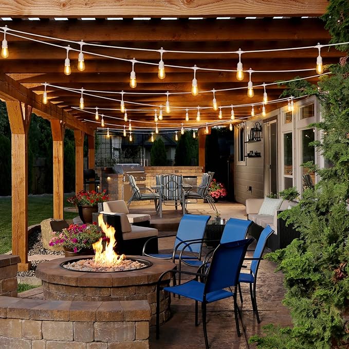 48FT Outdoor String Lights with Remote, Dimmable Patio Lights with 15+2 Waterproof 3 Modes 4 Timers Hanging LED Bulbs for Party Weeding, White