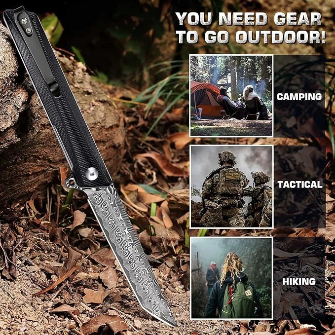 Damascus Pocket Knife GD22K, Flipper Open Tanto Blade Damascus Steel Folding Pocket Knives with Pocket Clip, G10 Handle, Men Women Sharp EDC Pocket Knife Camping Hiking Gift