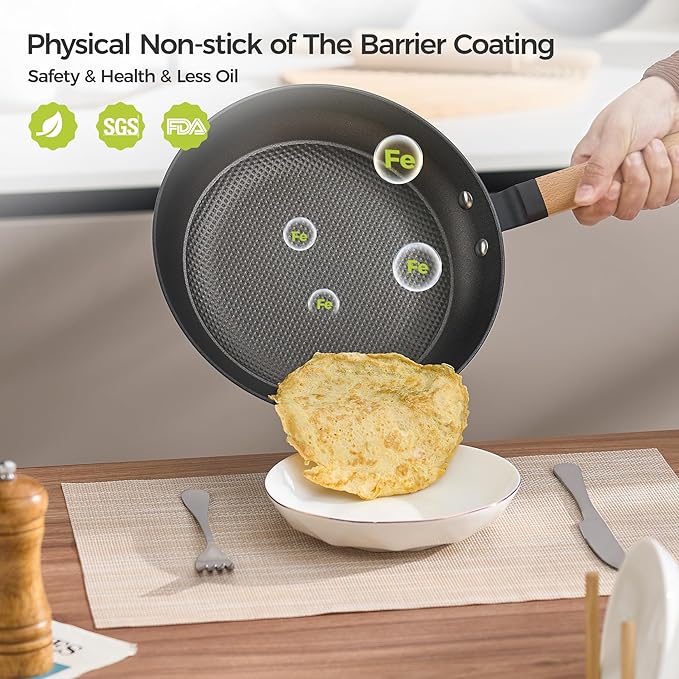 YUTANN 12" Non-stick Cast Iron Skillet,Enameled Pre-seasoned Frying Pan with Detachable Wooden Handle,Lightweight,Non-toxic,Dishwasher Oven Safe (500°F)