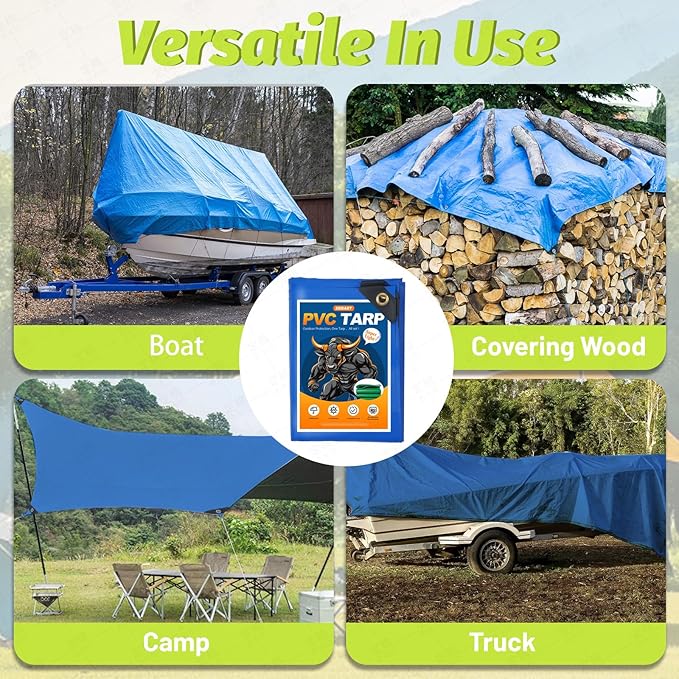 10 MIL Heavy Duty PVC Tarp - Waterproof, Ripproof & UV Resistant Blue Cover for Truck, Boat, Camping, Outdoor Use (6'x8')