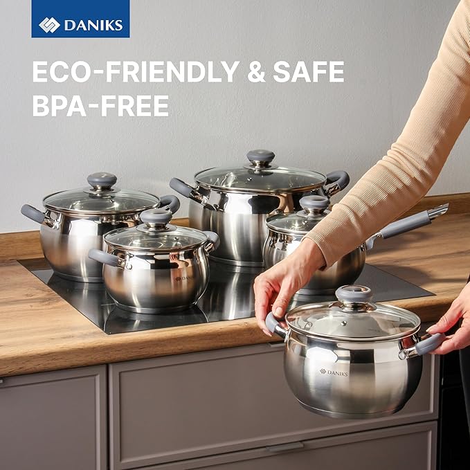 Daniks Modern 11-Piece Stainless Steel Cookware Set with Glass Lids, Includes Saucepan and Frying Pan with Lid, Tri-Ply Bases for Even Heating, Induction Compatible, Dishwasher Safe, Heatproof Handles