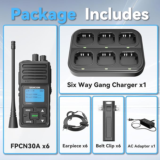 SAMCOM FPCN30A Radios Walkie Talkies Long Range Business Commercial Programmable UHF 2 Way Radios Two-Way Radio(6 Pack) with 6 Way Multi Gang Charger & Earpieces