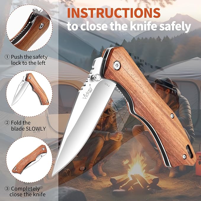 Vickay Pocket Knife for Men, 3.4" 8Cr13MoV Steel Blade, Wood Handle EDC Folding Knife with Liner Lock for Outdoor Camping, Tactical, Hunting, Hiking, Survival - Father’s Day Gift