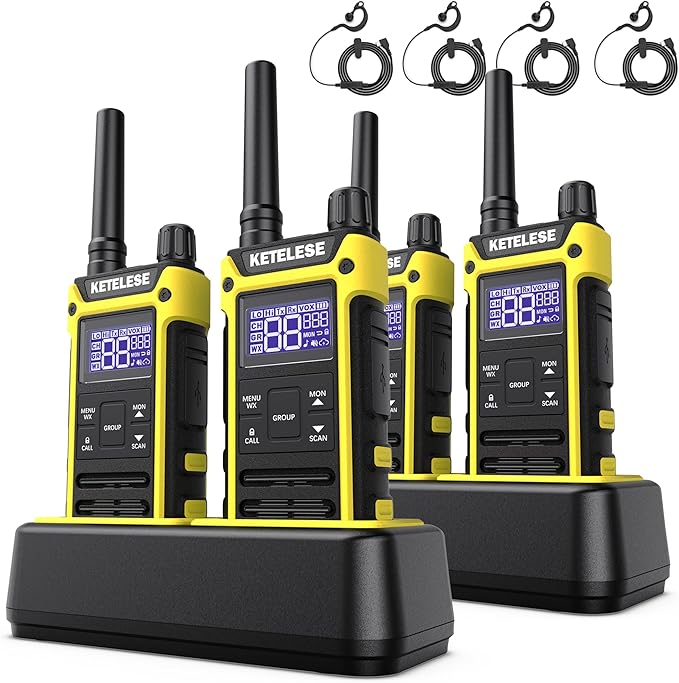 T3F IP67 Waterproof Two Way Radios, FRS Walkie Talkie 4 Pack with Earpieces,USB C Charge Dock,Group Talk,Flashlight,VOX,Weather Alert, for Adults, Black/Yellow