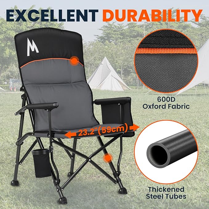Overmont Back Support Camping Chair for Adults - Oversized with Adjustable High Backrest - Heavy Duty Folding Chair Supports 450 LBS - Cup Holder & Side Pocket – Perfect for Outdoor, Lawn, Beach Use