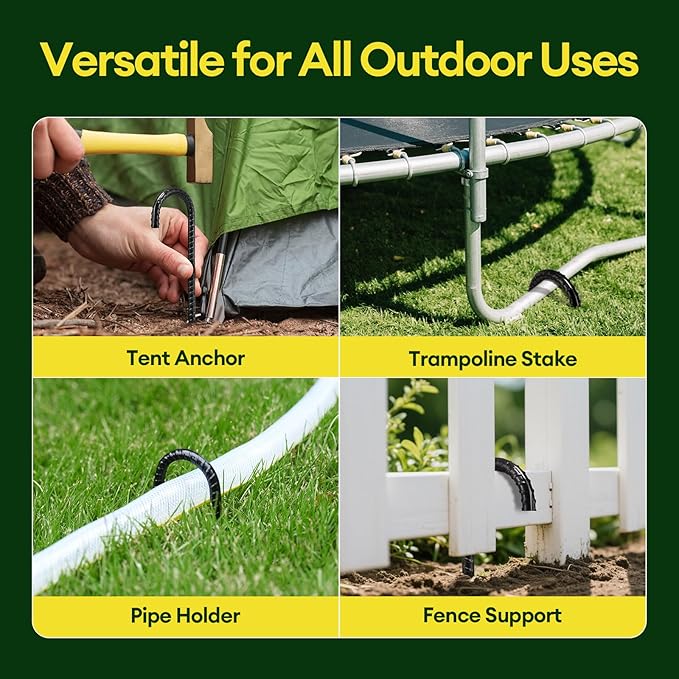 12 Inch Rebar Stakes Heavy Duty 20 Pack, J Hook Ground Stakes, Galvanized Steel Trampoline Stakes, Tent Anchor Kit Anti-Rust, Drip Hose Wind Stakes, Black