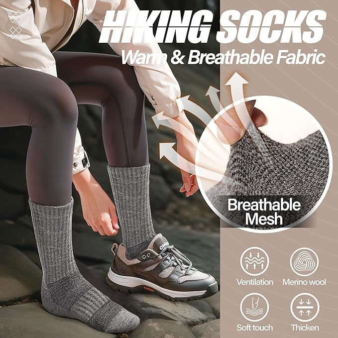 ANTSANG Merino Wool Hiking Socks for Men & Women 5 Pairs Thermal Warm Winter Thick Cushion Moisture Wicking Crew Boot Socks