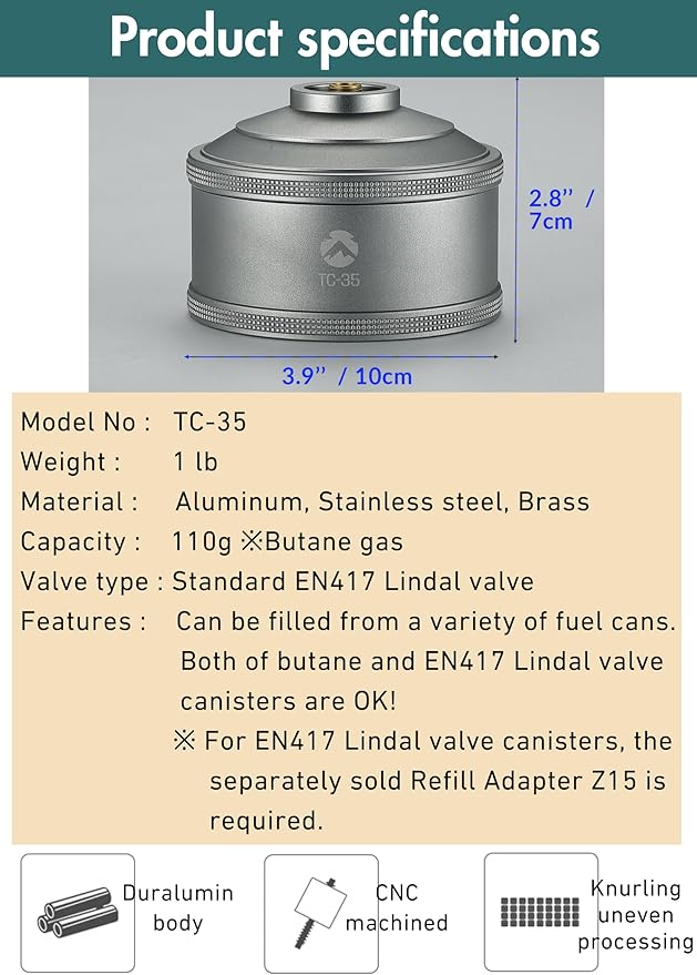 CAMPINGMOON Replacement Empty Refillable Gas Fuel Cylinder Standard for Backpacking Camping Stove EN417 Lindal Valve 110g TC-35