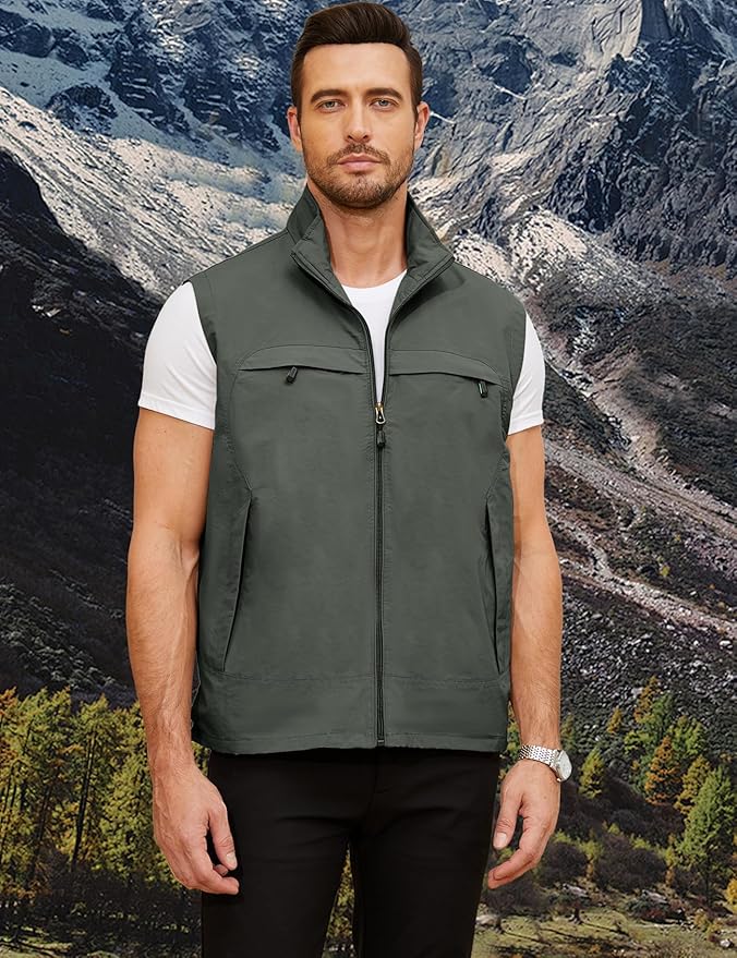 Gihuo Mens Casual Lightweight Travel Vest Summer Utility Safari Vest Sleeveless Jackets for Travel Hiking Fishing