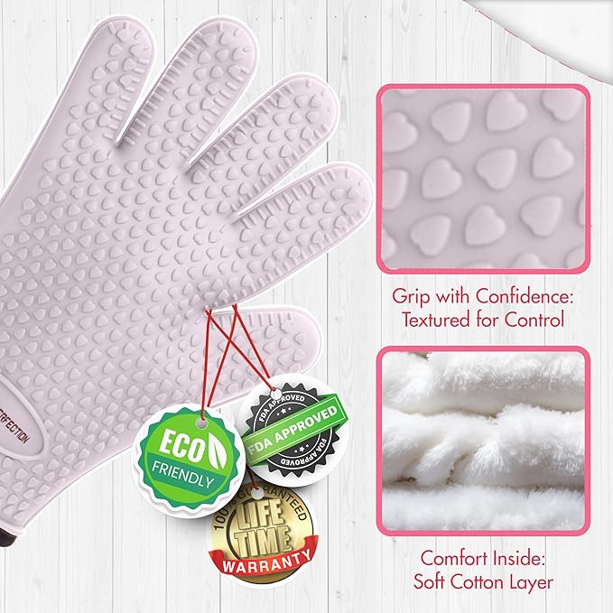 KITCHEN PERFECTION S Silicone Smoker Oven Gloves for Women -Extreme Heat Resistant BBQ Gloves -Handle Hot Food Right on Your Grill Fryer |Waterproof Oven Mitts Cooking Gloves |Superior Set+3 Bonuses