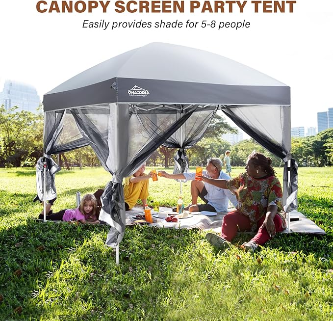 Canopy Tent with Netting Screen,10x10 Easy Pop Up Gazebo for Outdoor Parties,Camping,Foldable Patio Gazebo with Roller Bag and 4 Sandbags(Grey)