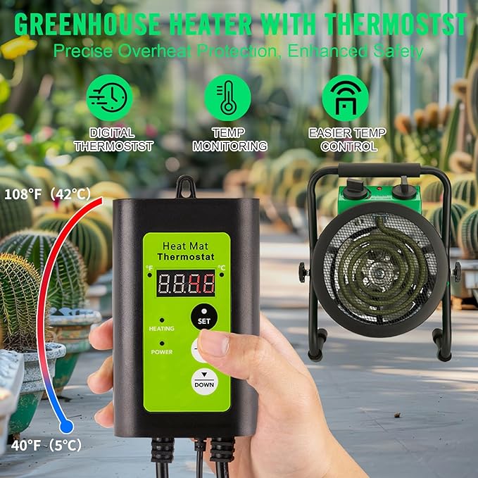 Greenhouse Heater with Digtal Thermostat, 1500W Electric Greenhouse Heaters, Fast Heating with Overheat Protection, Grow Tent Heater for Green House, Outdoor, Patio, Flower Room, Green