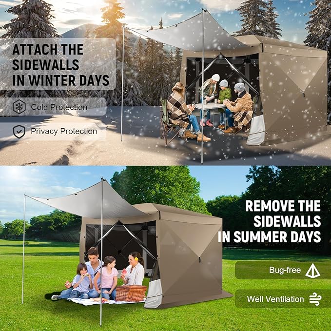 COBIZI 12x12 Pop Up Gazebo Screen House for Camping, Outdoor Canopy with Removable Roof & Sidewalls, Portable Hub Tent with Carrying Bag and Ground Stakes, Khaki (Upgraded 2.0)