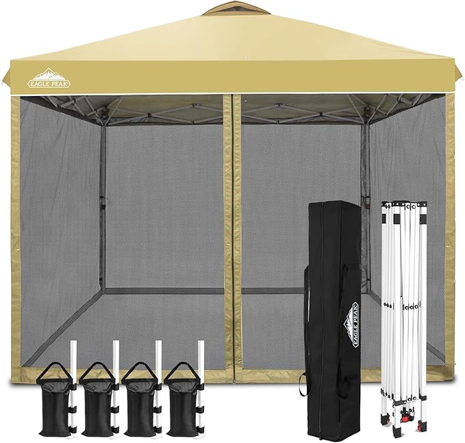 EAGLE PEAK 10x10 Outdoor Easy Pop up Canopy with Netting, Instant Screen Party Tent with Mesh Side Walls, Beige