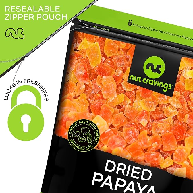 NUT CRAVINGS - Sun Dried Papaya Chunks, Lightly Sweetened (80oz, 5 LB) Bulk Dry Fruits Packed Fresh in Resealable Bag - Sweet Healthy Snack, Naturally Grown, Vegan, Kosher
