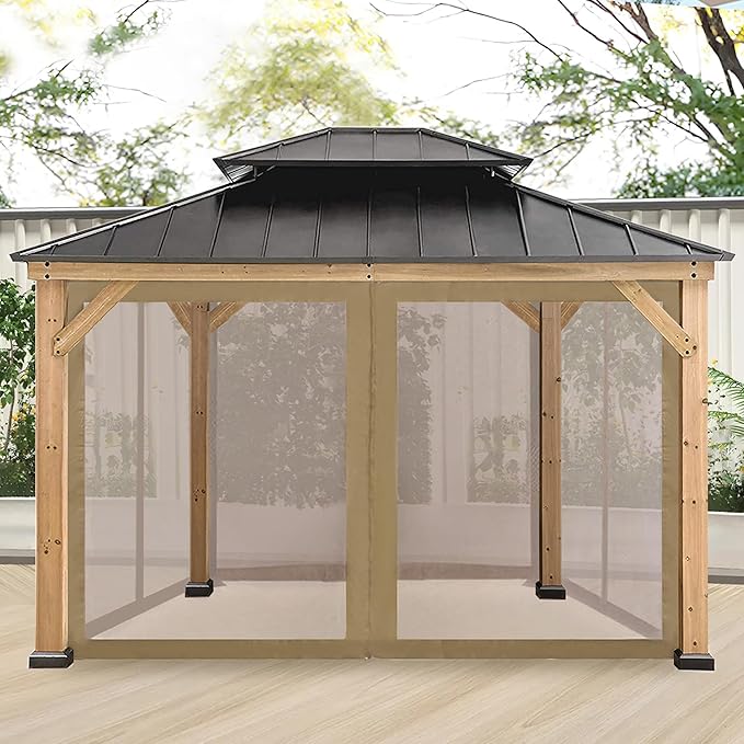 Coastshade Gazebo Canopy Mesh Walls Replacement 10x12 Gazebo Pergola Mosquito Screen Netting for Gazebos with 52Curtain Rings & 52Rail Hooks,Khaki
