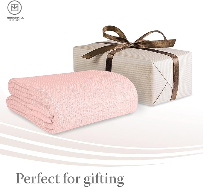 Threadmill Luxury Cotton Blankets for Queen Size Bed | All-Season 100% Cotton Queen Size Blanket | Herringbone Cozy, Soft Breathable Fall Thermal Blanket fits Full Size Bed | English Rose