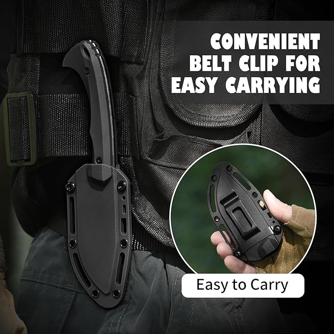 Survival Knife with Fire Starter L-Y, 7.68" Tactical Small Fixed Blade EDC Knife for Men, Full Tang, Stonewashed Black Blade & Black Handle