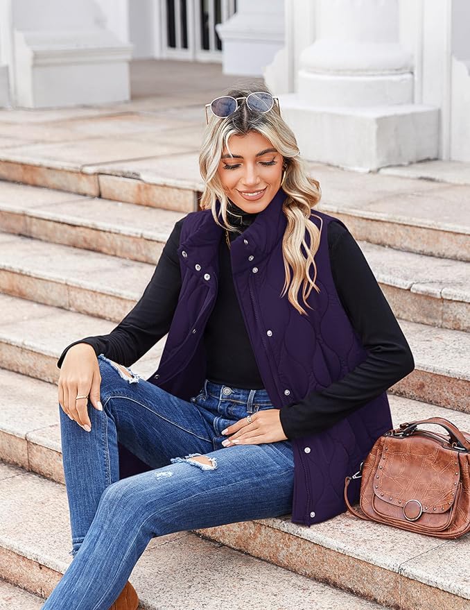 Zeagoo Puffer Vest Women Sleeveless Quilted Jacket Lightweight Snap Zip Up Stand-up Collar Down with Pockets Outerwear