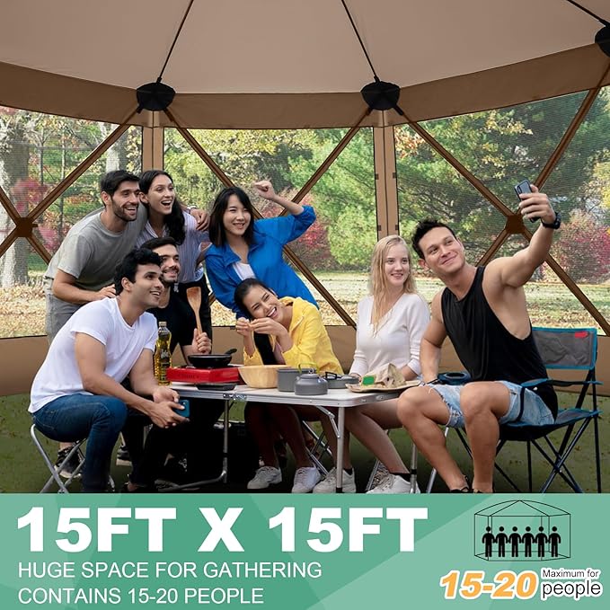 COBIZI 15x15ft Extra Large Pop Up Gazebo Canopy Tent with Mosquito Netting, Spacious Easy Set Up Screened Shelter, Durable Outdoor Pavilion with Ground Stakes, Perfect for Patio, Backyard,Khaki