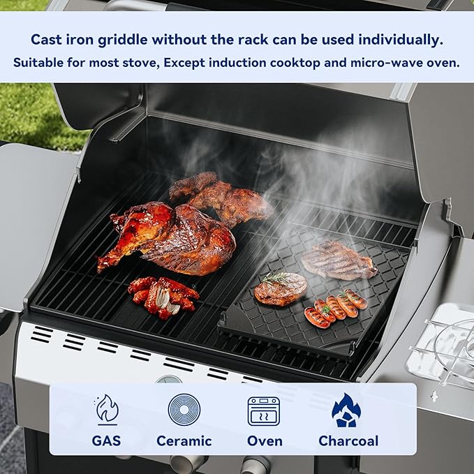 Skyflame Universal Cast Iron Griddle, Flat Top Gas Grill Griddle Pan with Removable Rack and Raised Lip Edges, Fit for Most Gas Grill with Side Burner and Other Grills, Size 14.5" x 10"