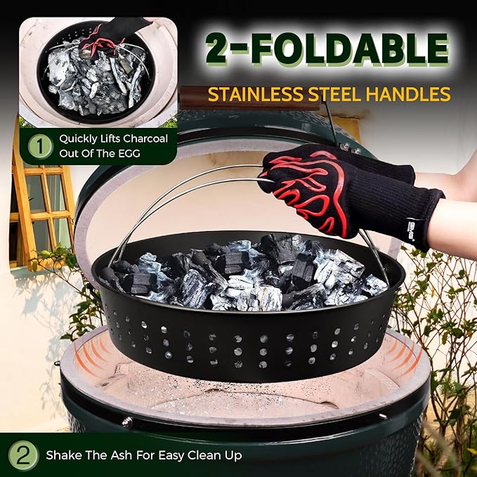 KAMaster Charcoal Basket for XLarge Green Egg with Divider,Heavy Duty Carbon Steel Fire Bowl with Removeable Water Reservoir Compatible with XLarge Green Egg,Charcoal Ash Basket with Foldable Handle