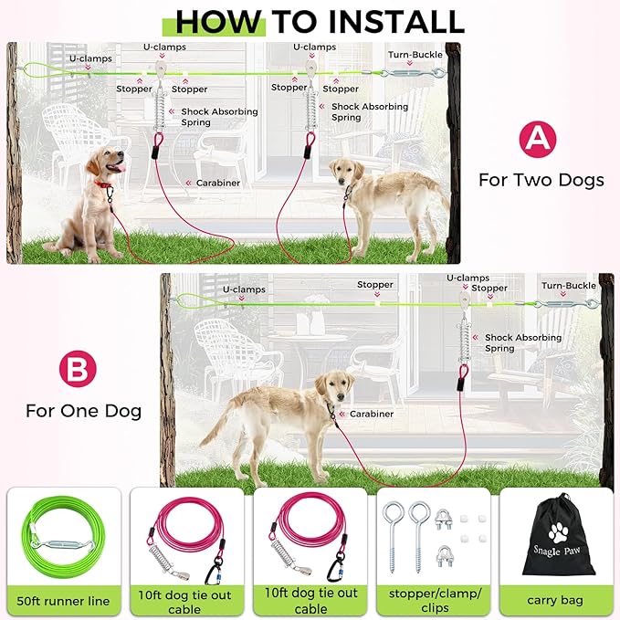 Snagle Paw Heavy Duty Dog Runner for Yard,75ft Dog Run Cable with 10ft & 10ft Pulley for Large Dogs Up to 250lbs, Aerial Dog Zip Line for Backyard, Dog Trolley System for Camping, Park, Outside