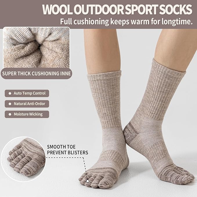 Merino Wool Toe Socks For Hiking Men&Women Thermal Winter Warm Boot Work Cushion Five Finger Socks 3 Pairs