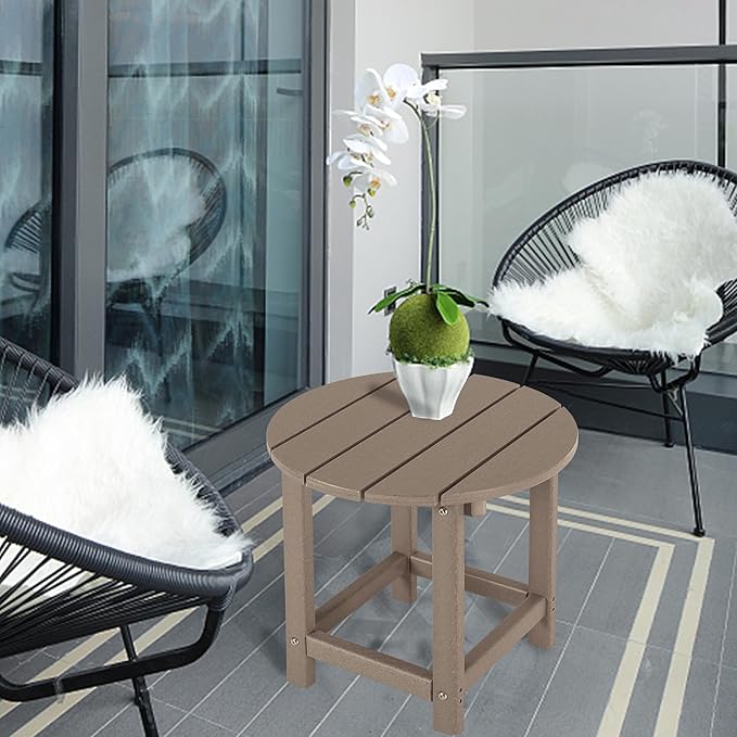 LZRS Round Adirondack Patio Side Table End Table, Outdoor Side Tables for Patio, Backyard,Pool, Indoor Companion, Easy Maintenance & Weather Resistant(Weather Wood)