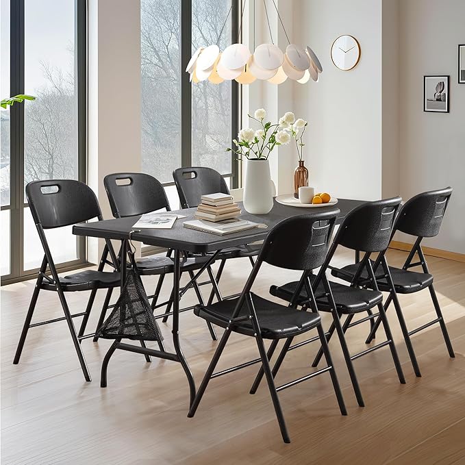 VECELO 6Ft Plastic Folding Table, Indoor Outdoor Portable Picnic Foldable Desk with Handle, Mesh Trash Bag&Lock Legs Heavy Duty for Camping,Dining&Party,Jet Black