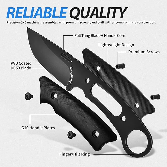 Fixed Blade Knife with Sheath, 3.2” DC53 Steel blade with Black Titanium Coating and G10 Handle Full Tang Outdoor Camping Hiking Survival Knives for Men Women