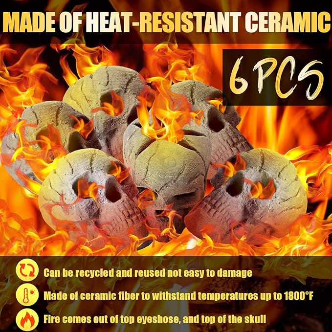 6 Pack Fire Pit Skulls 8.7 Inch Halloween Imitated Human Ceramic Firepit Head Fireproof Skulls Bonfire Accessories Fake Logs Halloween Decor for Gas Campfire Fireplace Wood Fires (Gray)
