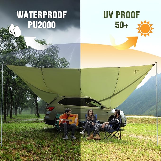 REDACMP 19ft x17ft Large Car Awning Tarp with 2 Poles & 2 Suction Cup Hooks, Waterproof Camping Tarp Hammock Rain Fly with UV Protection Sun Shelter for SUV,Van,Overland Camping,Tailgate Canopy,Green