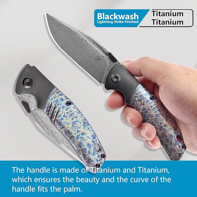 KANSEPT Hinterlan Pocket Folding Knives for Men EDC Camping Folding Knife 3.58'' Damascus Blade with Blackwash Titanium Lightning Strike Finished Titanium Inlay Handle Everyday Carry K1057A6