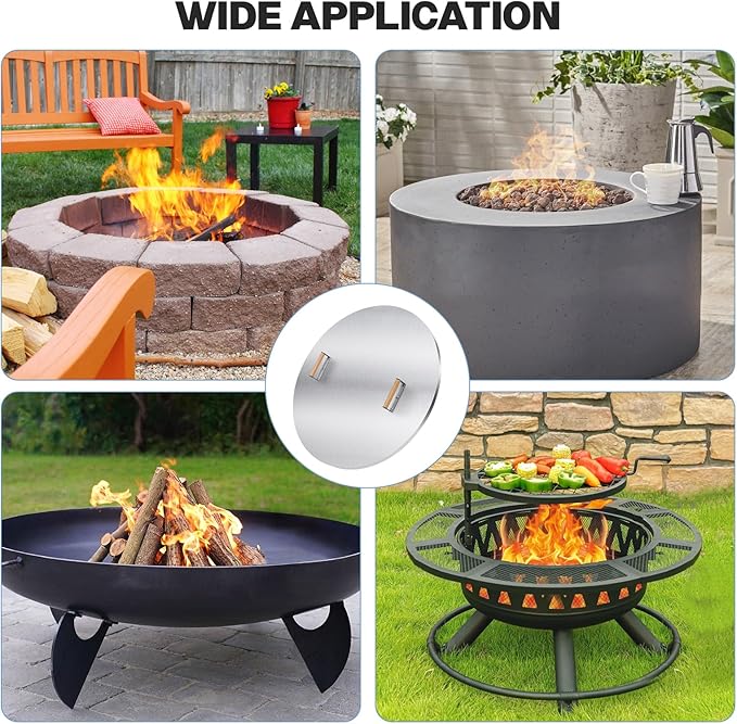 Fire Pit Lid Cover Round - 34" Stainless Steel Rust Resistant Firepit Cover or Table with 2 Wooden Handles for Patio Fire Pit, Weatherproof for All Seasons, Fits Fire Pits Up to 32"