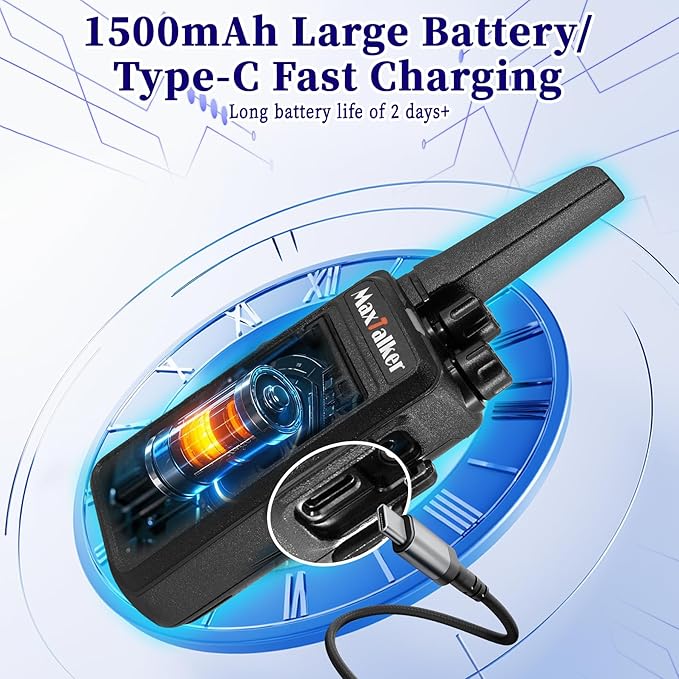 MT12D Walkie Talkies for Adults, Long Range FRS Two Way Radio Rechargeable with Earpiece, 1500mAh USB-C Port Battery, Radios Walkie Talkies 6 Pack for Construction School Camping
