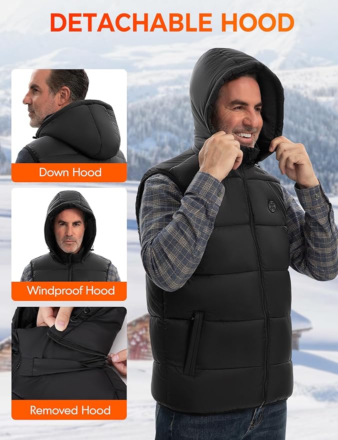 Men Heated Vest with Battery Pack Included, Hooded Electric Heating Vests 15-Zone Warming 7.4V for Hiking