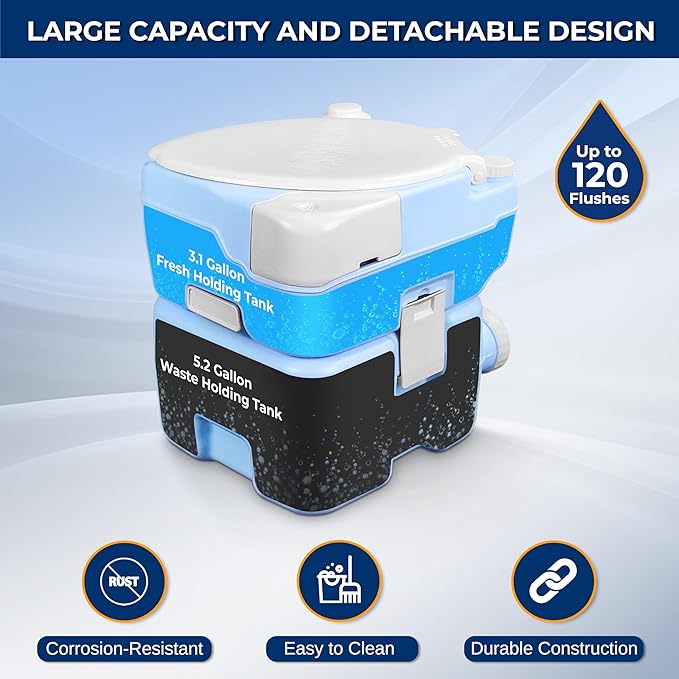 SereneLife 5.2 Gallon Portable Camping Toilet, 120 Flushes with Plastic Funnel, Hand Spray, Diagonal Seat and Mobile Holder, Portable Potty for Camping, Hiking, Roadtrip, Car, Tent