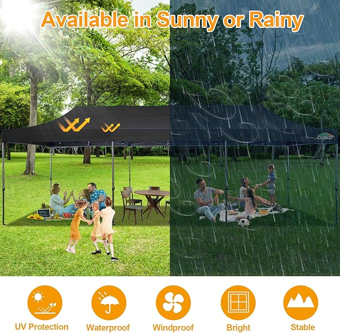 COBIZI 10x30 Pop Up Canopy Without Sidewall,Heavy Duty Canopy UPF 50+ All Season Wind Waterproof Commercial Outdoor Wedding Party Tents for Parties Gazebo with Roller Bag(10 x 30 ft Black)
