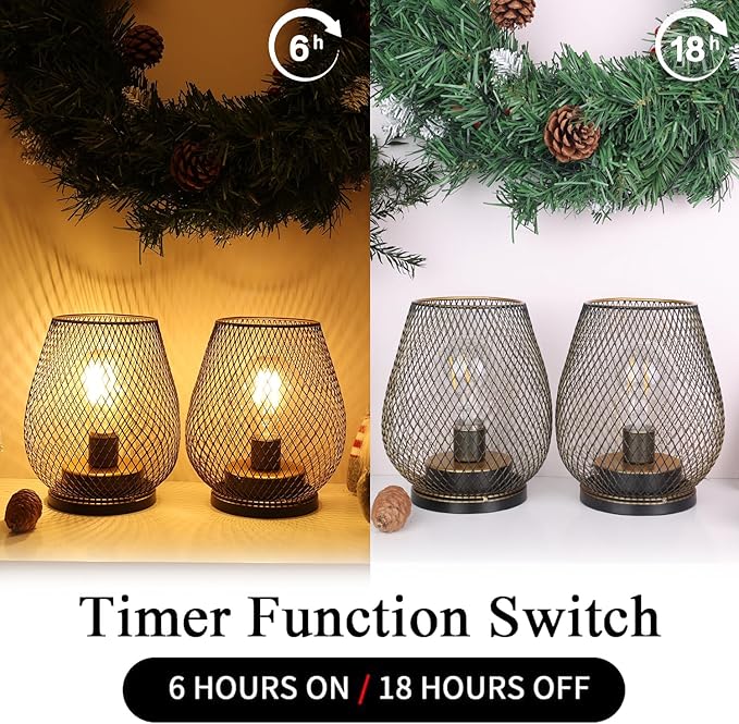 NEEDOMO Set of 2 Battery Operated Lamp Outdoor Table Lantern, LED Metal Cage with Timer Mode, Vintage Decorative Lights Cordless Lamp Indoor Outdoor Patio Bedroom Living Room (Golden)