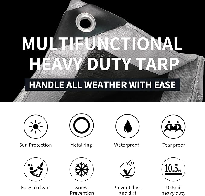 TARPAL 8x16 Feet Tarps Silver 10.5Mil Multipurpose Protective Cover Heavy Duty Tarp Waterproof,Snow or UV Protection,Durable Reinforced Edges