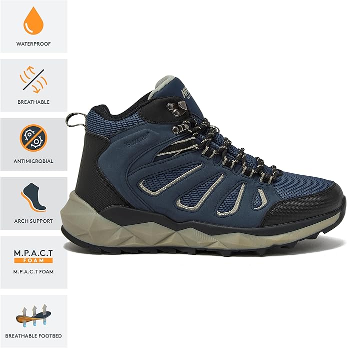 HI-TEC Valley Geo Mid Waterproof Hiking Boots for Men, Lightweight Breathable Outdoor Trekking and Trail Sneakers, Sizes 7 to 15