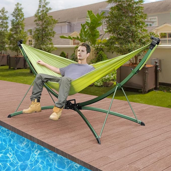 Portable Hammock with Quick Setup Folding Stand & Adjustable Sunshade Canopy & Storage Bag - Adult/Child Hammock Chair - Heavy Duty Hammock for Camping Home Garden Hotel Outside Beach Forest Grasslan