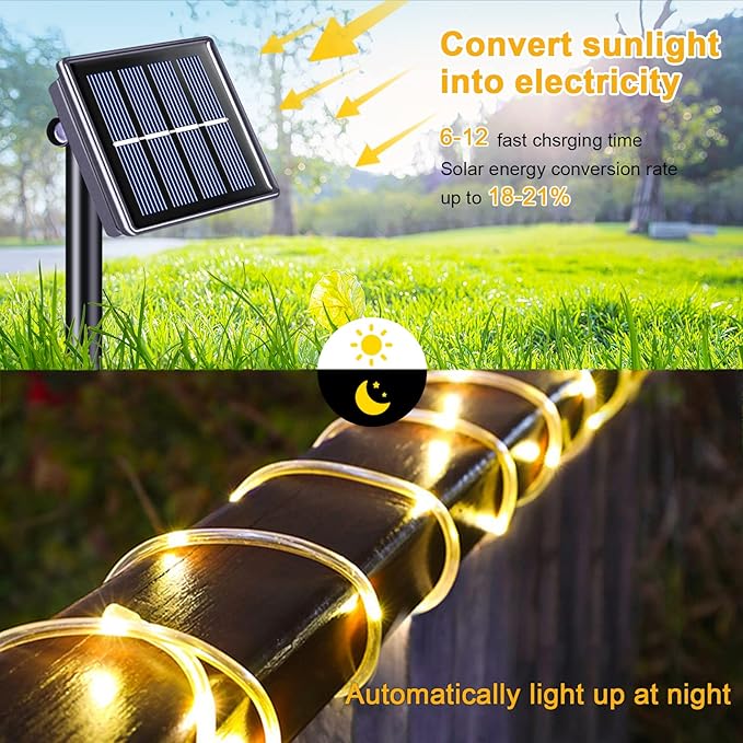 JMEXSUSS 200 LED Solar Rope Lights,66ft 8 Modes Solar Rope Lights Outdoor Waterproof LED Solar Powered Rope Tube for Fence,Gazebo,Yard,Walkway,Path(Warm White)