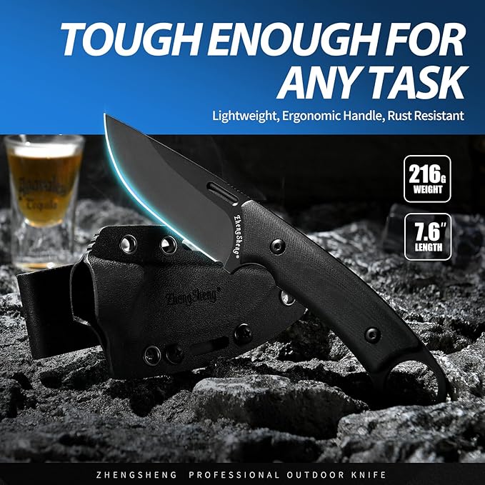 Fixed Blade Knife with Sheath, 3.2” DC53 Steel blade with Black Titanium Coating and G10 Handle Full Tang Outdoor Camping Hiking Survival Knives for Men Women